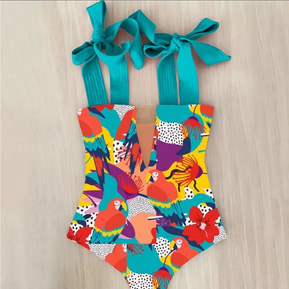 Fruity Print Bow Swimwear Hollow Out Bath…